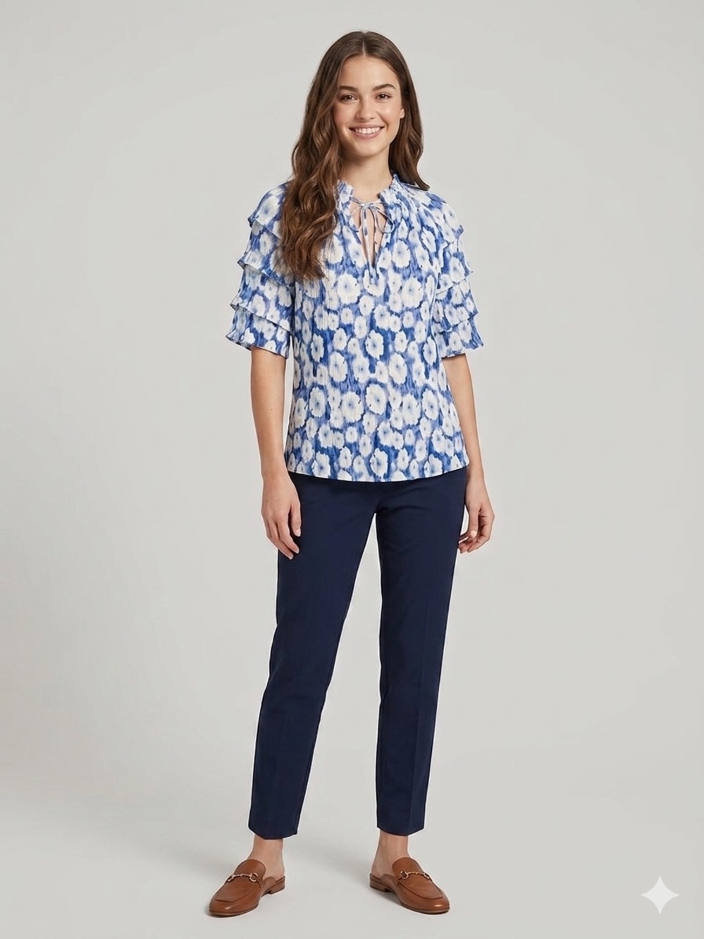 Rails Paris Top womens XS blue floral print crepey material tiered sleeve blouse